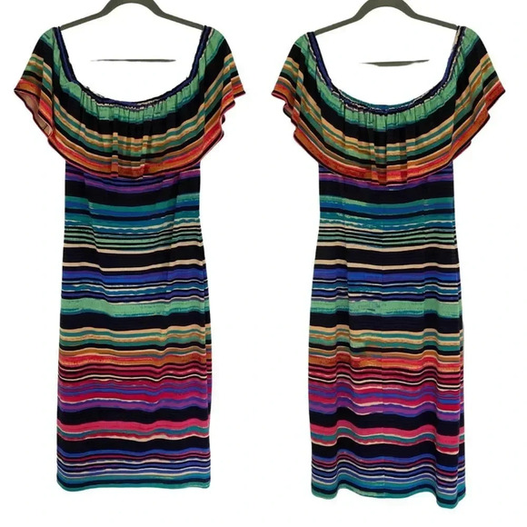 Maggy London, Off the Shoulder Ruffle Striped Dress, Blue, Green, Black, Multi - Picture 2 of 8
